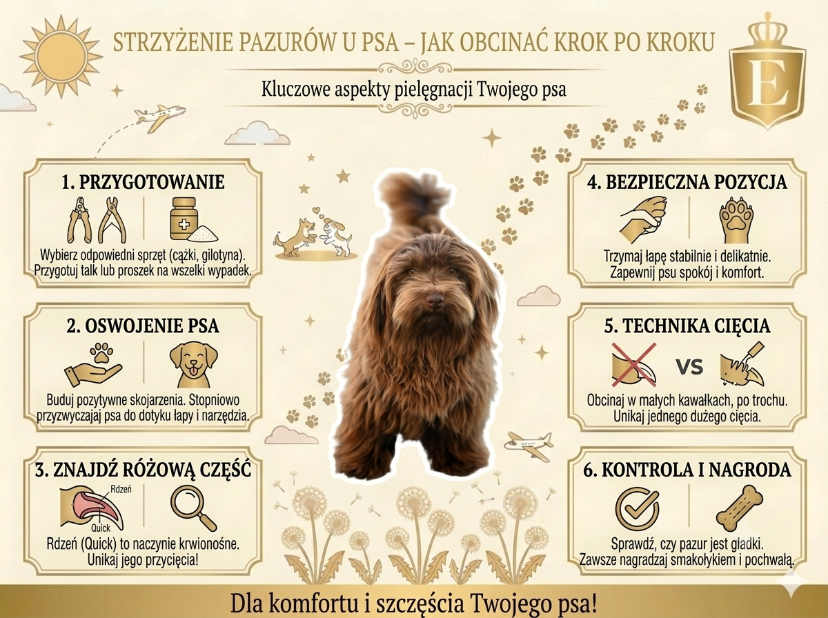 Infografika pokazująca, jak bezpiecznie obcinać pazury u psa krok po kroku – od przygotowania narzędzi i oswojenia psa po technikę cięcia, kontrolę pazurów i nagrodę po zabiegu.